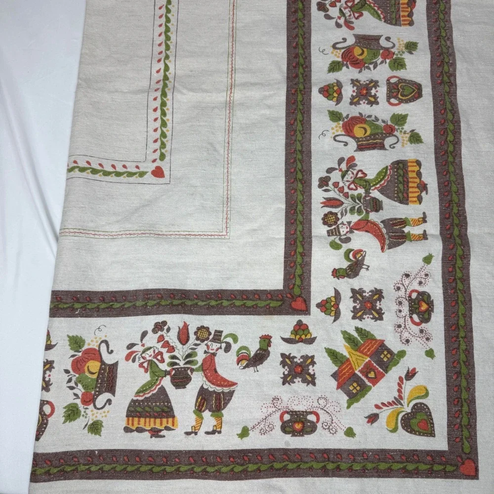 Vintage Scandinavian Folk Art Tablecloth Rectangular Linen Beige Red 63x51